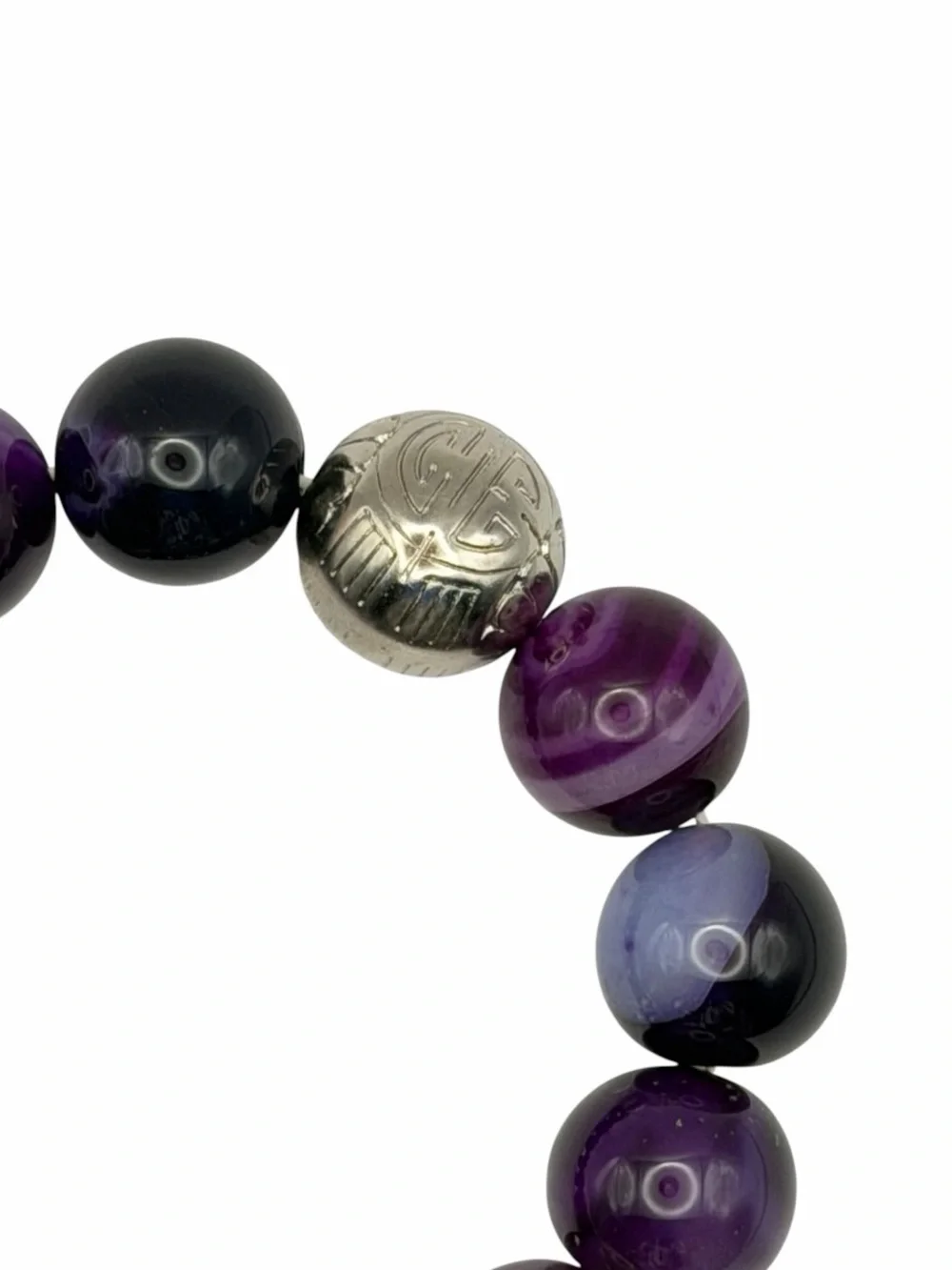 Purple Banded Agate-Like Stone Stretch Bracelet Chunky Silver Tone Vintage